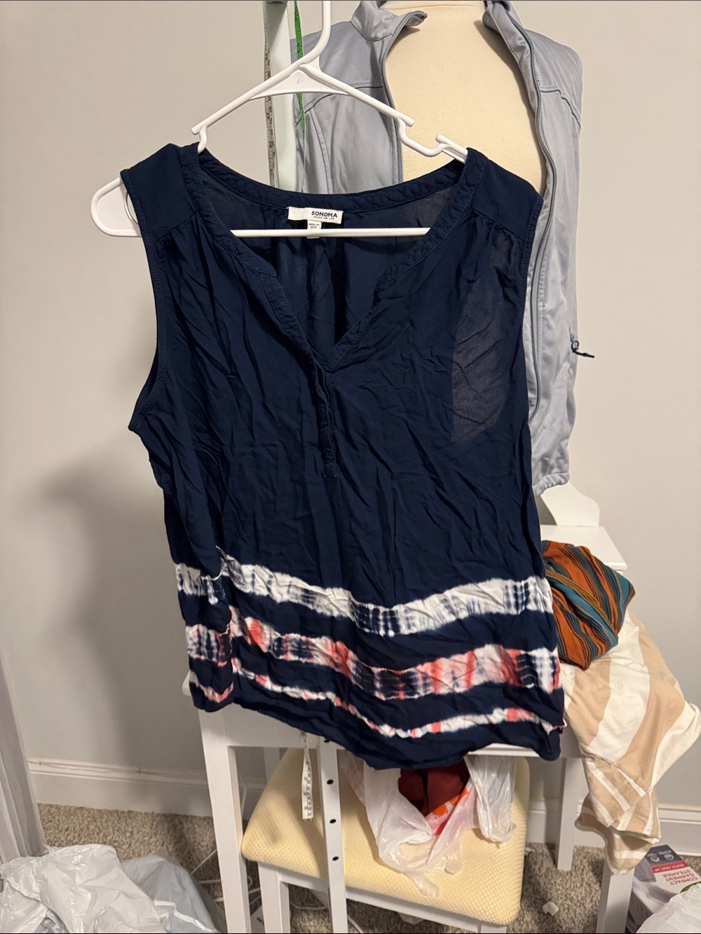 Sonoma Navy Sleeveless V-Neck Tie-Dye Hem Tank